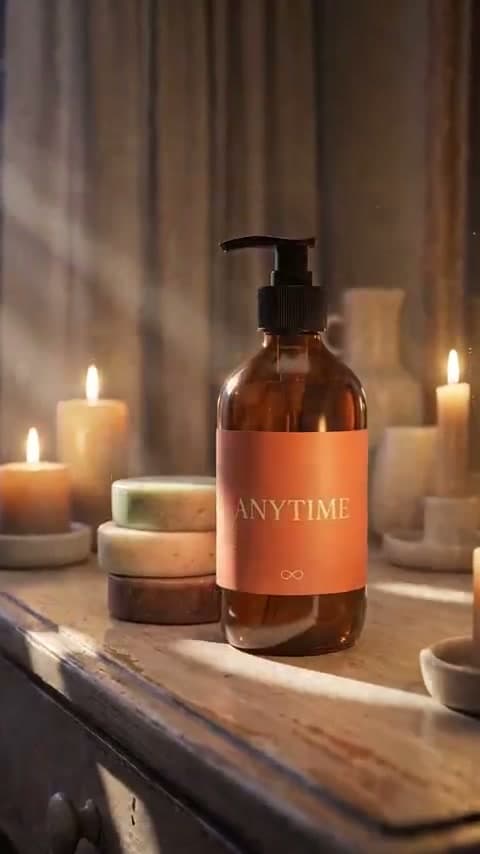 Fotograma de spot de marca generado con IA: frasco ámbar de cosmética con etiqueta ANYTIME sobre una repisa de madera, rodeado de velas encendidas.