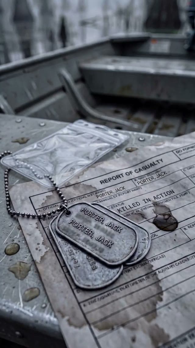The find: dog tags and a casualty report on the bench. An earlier version was dropped because an object teleported between frames.