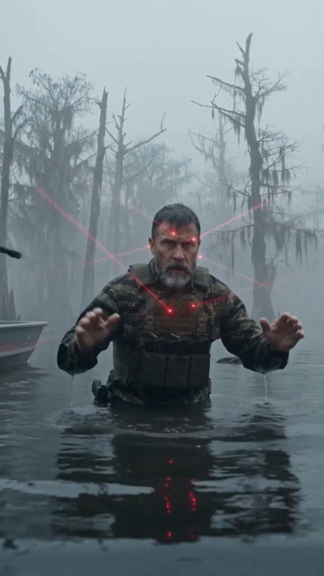 Twenty-nine seconds in one take. They shoot first and he answers; it ends with five lasers on him and his hands up.