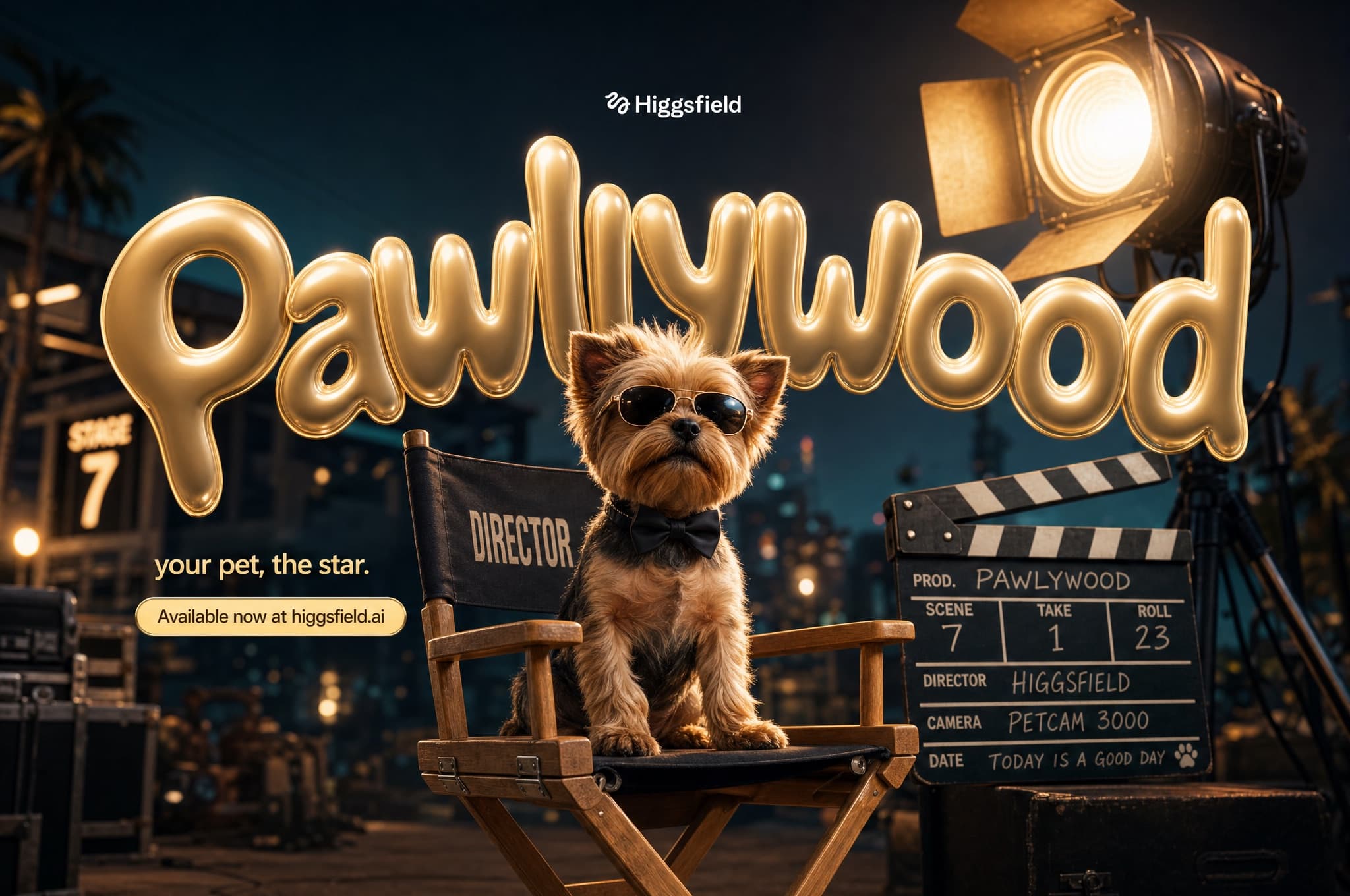 Still from Pawlywood Studios, the AI film studio for pets: a dog starring in its own film shot.