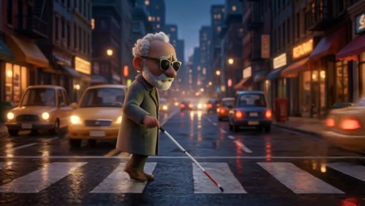 AI-generated 3D animation still: an elderly man in sunglasses with a white cane crossing a night-time avenue.